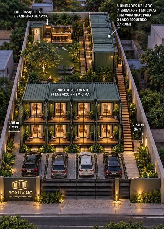 Vista geral do projeto Box Living, com studios em containers, jardim central, unidades superiores e estacionamento.