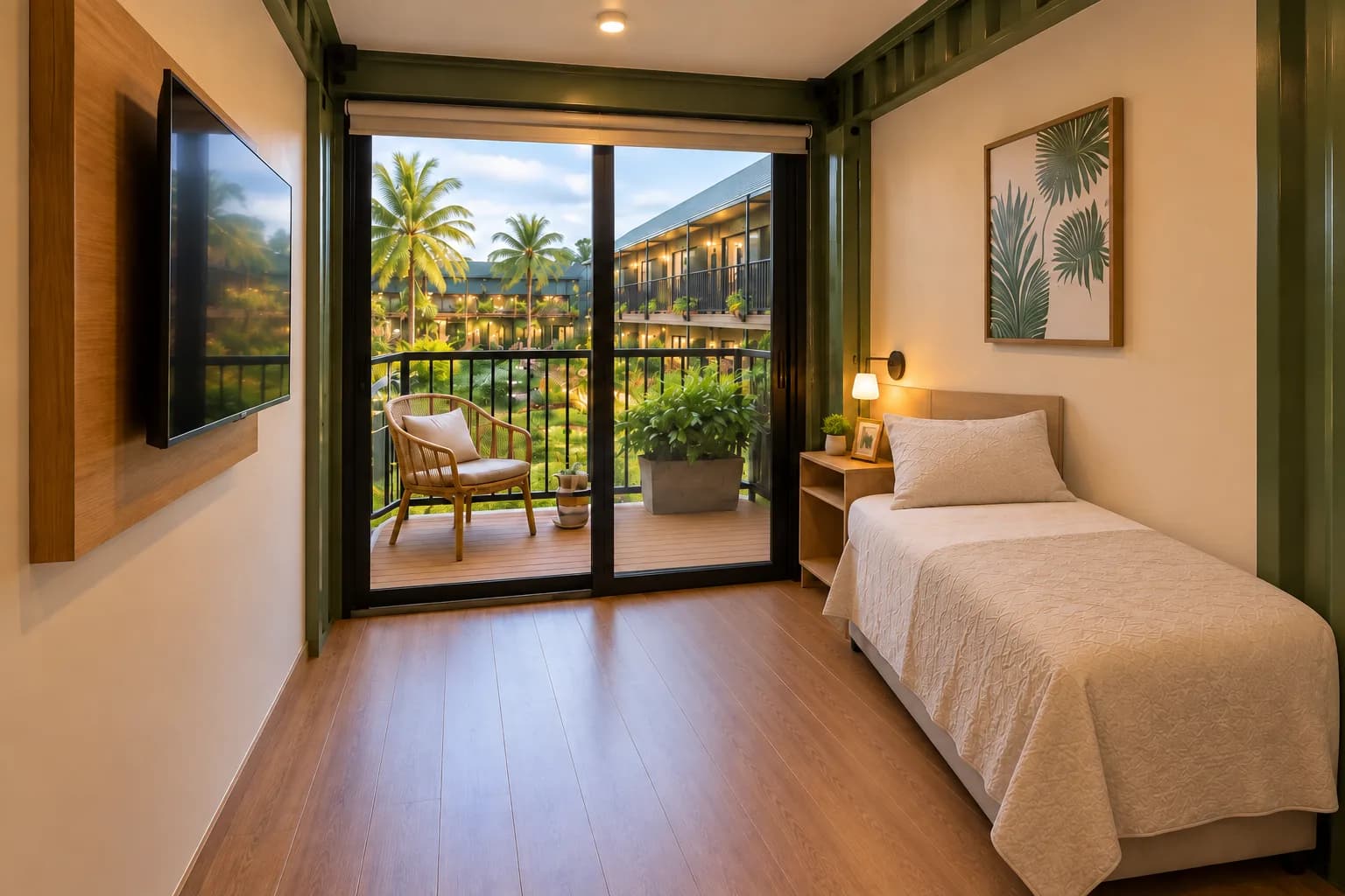 Área de dormir do Studio Compacto com cama de solteiro, TV, luminária de cabeceira e porta de vidro para a varanda com vista para o jardim.