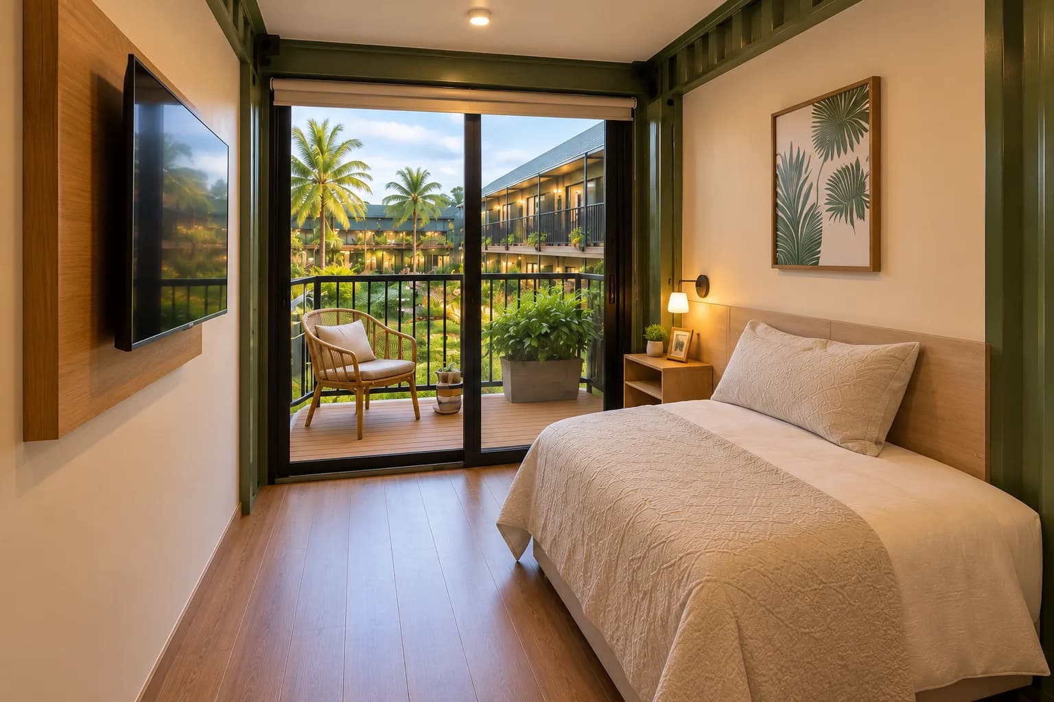 Área de dormir do Studio Duo com cama, TV, luminária de cabeceira e porta de vidro para a varanda com vista para o jardim.