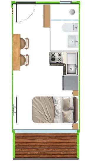 Planta baixa do Studio Compacto: entrada com bancada de refeições, cozinha, banheiro, cama de casal e deck externo.