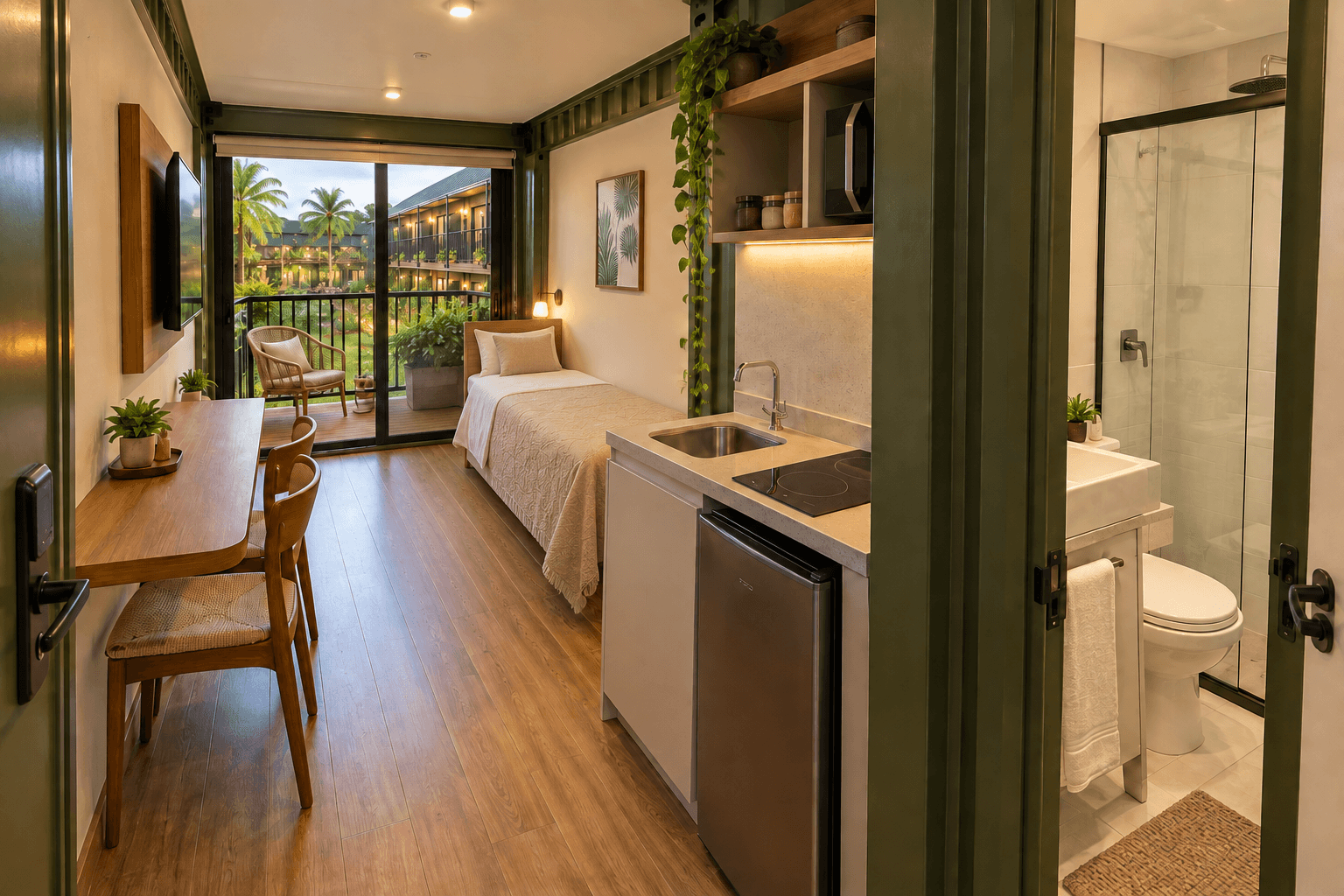 Interior de studio compacto da Box Living com cama, cozinha integrada, banheiro e marcenaria em madeira.