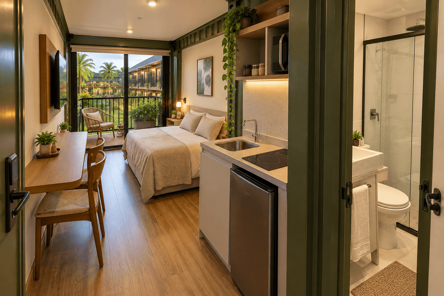 Studio Duo da Box Living com cama, cozinha integrada, banheiro e área de circulação ampla.